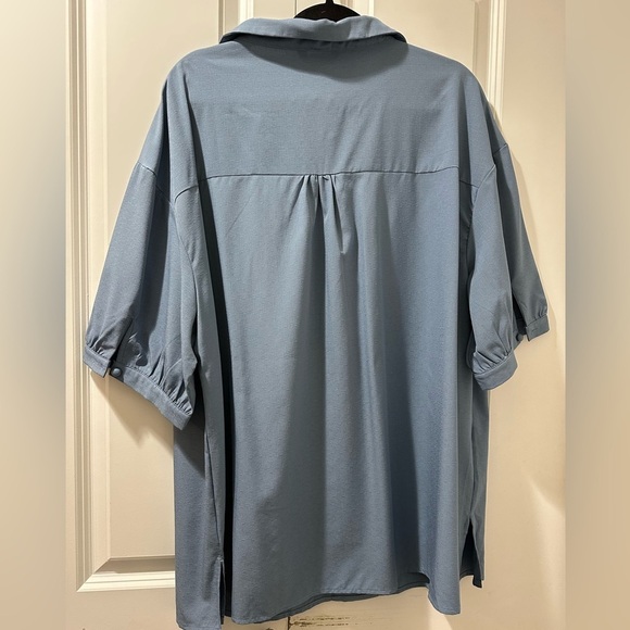 BloomChic Plus Size Plain Lapel Collar Gathered Puff Sleeve Blouse - Picture 3 of 7